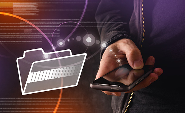 Hand with mobile smartphone transferring files to archive folder