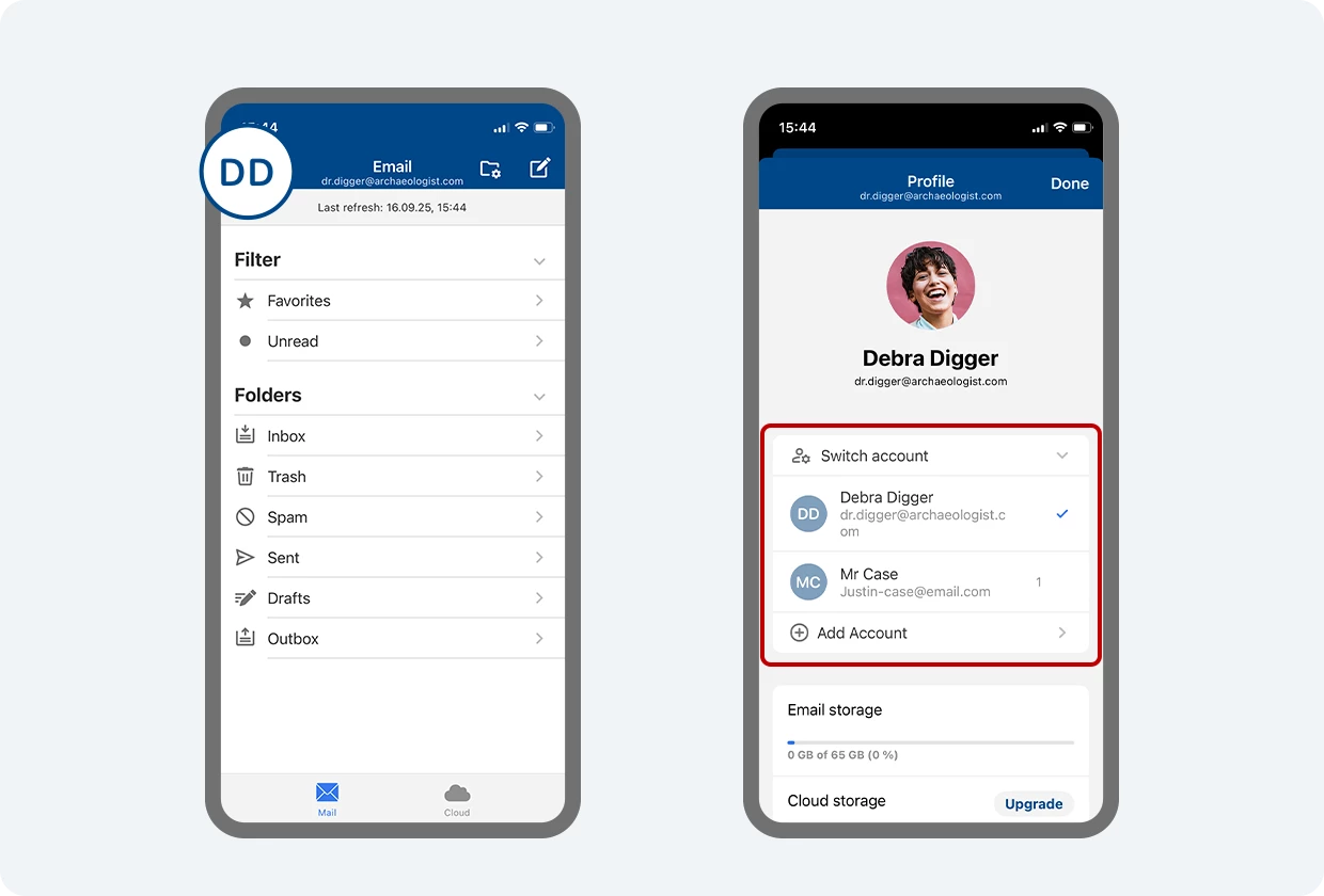 Screenshots of profile page in mail.com app for iOS