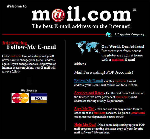 Screenshot of mail.com website in 1996
