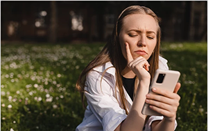 Woman sitting outside, looking puzzled at her smartphone.