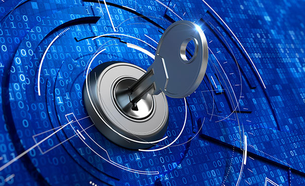 A digital key inserted into a high-tech lock on a binary code background.