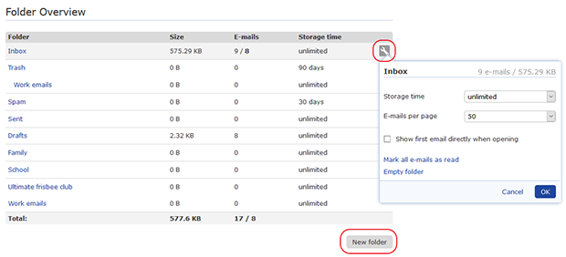 Screenshot of folder overview in mail.com inbox